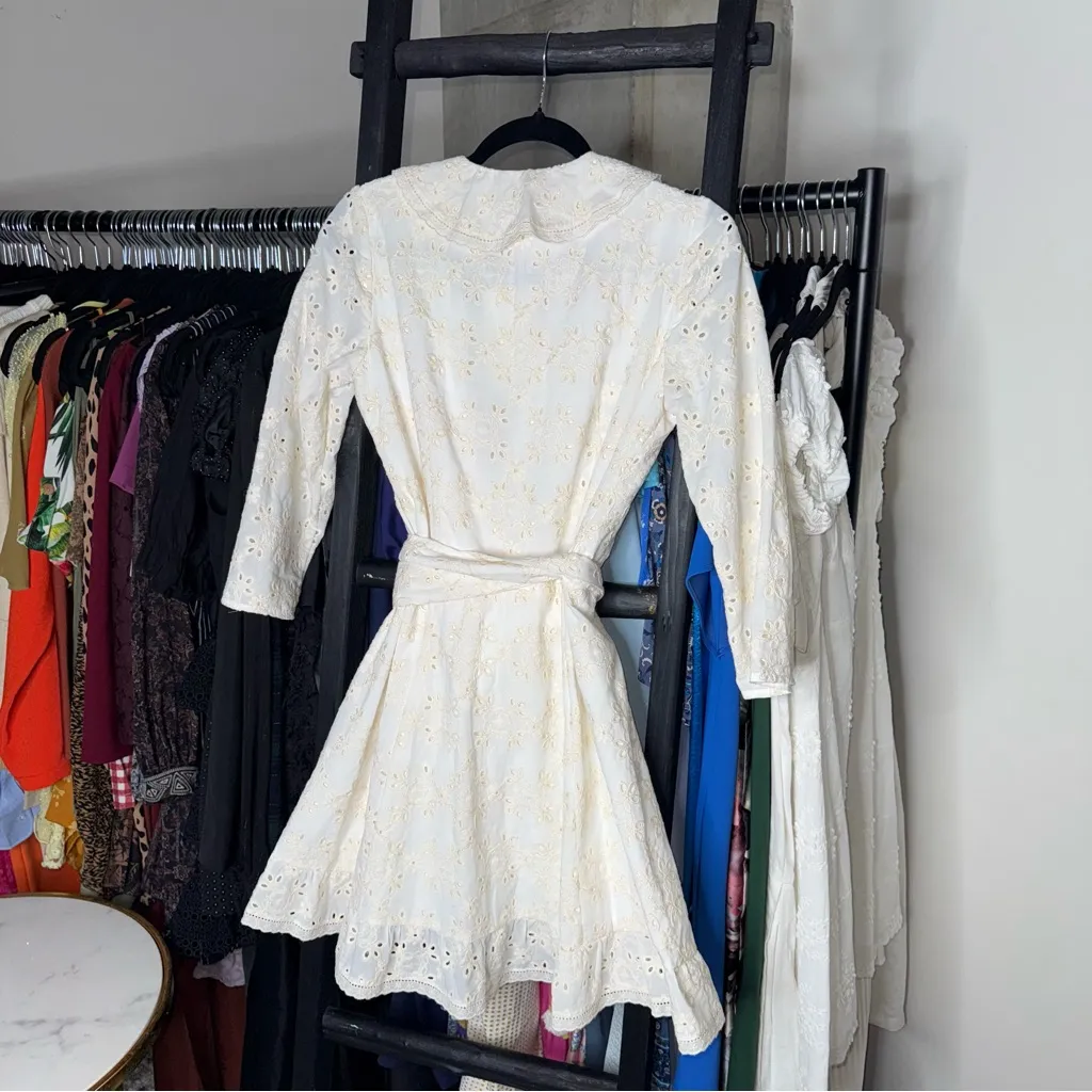 Sézane Asianne Ecru Eyelet Wrap Mini Dress - Image 10