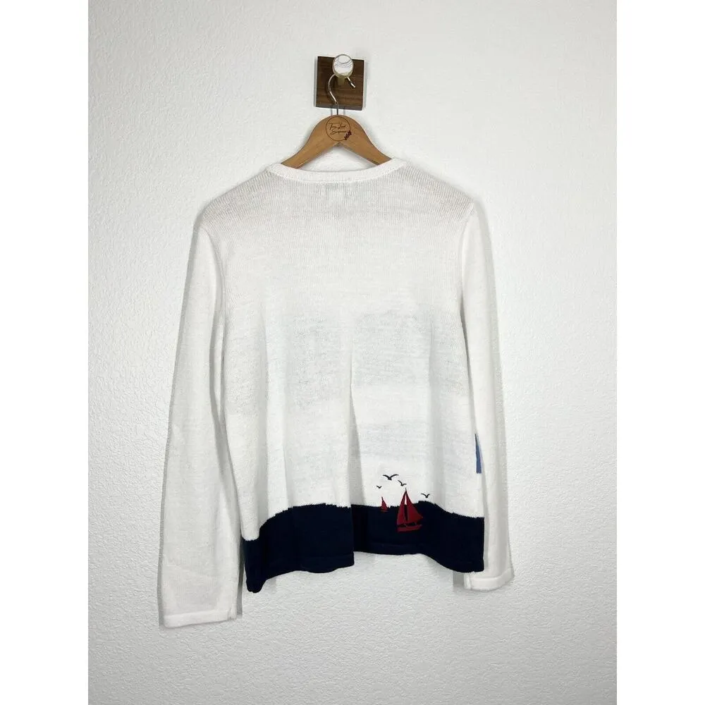 Breckenridge Vintage Embroidered Nautical Cardigan Sweater Medium M Sailboats - Image 4