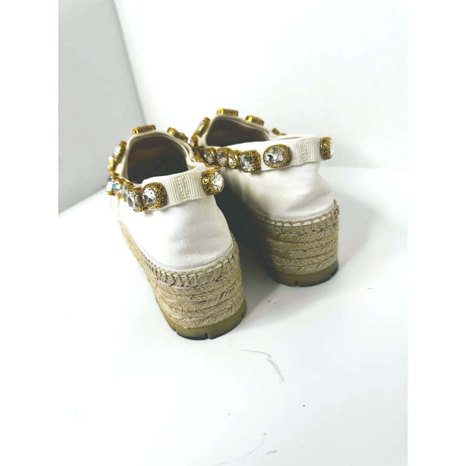 Gucci Ivory Canvas Crystal Embellished Platform Espadrille Resort Shoes EU 39 - Image 6