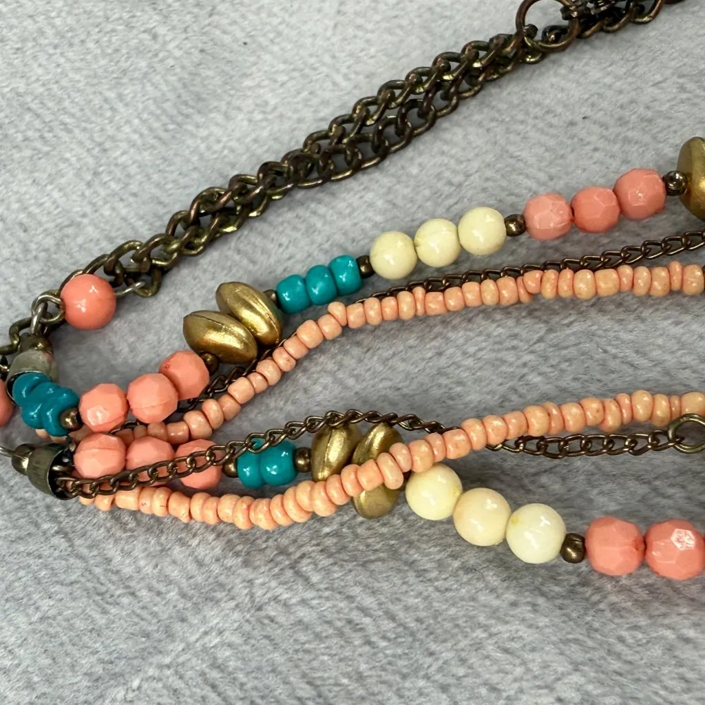 Beaded Multicolor Pendant Necklace Coral Turquoise Gold Colors Shell Accents - Image 14