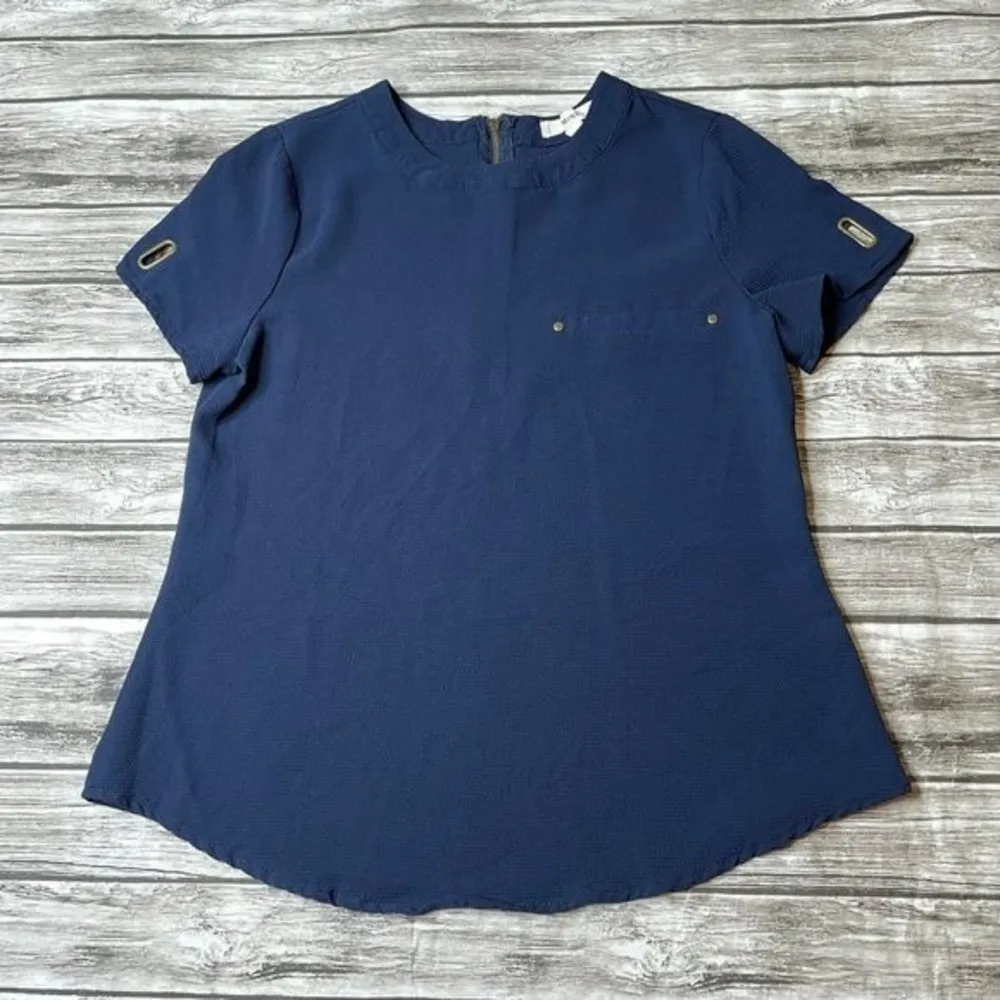 Mine Casual Short Sleeve Top Shirt Blouse Dark Navy Blue Brushed Gold S SM Small - Image 3