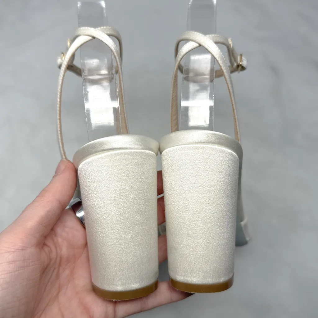 Aquazzura Nina 85 Silk Satin Knot Ankle Strap Block Heel Sandals Bridal White Size 6.5 - Image 6