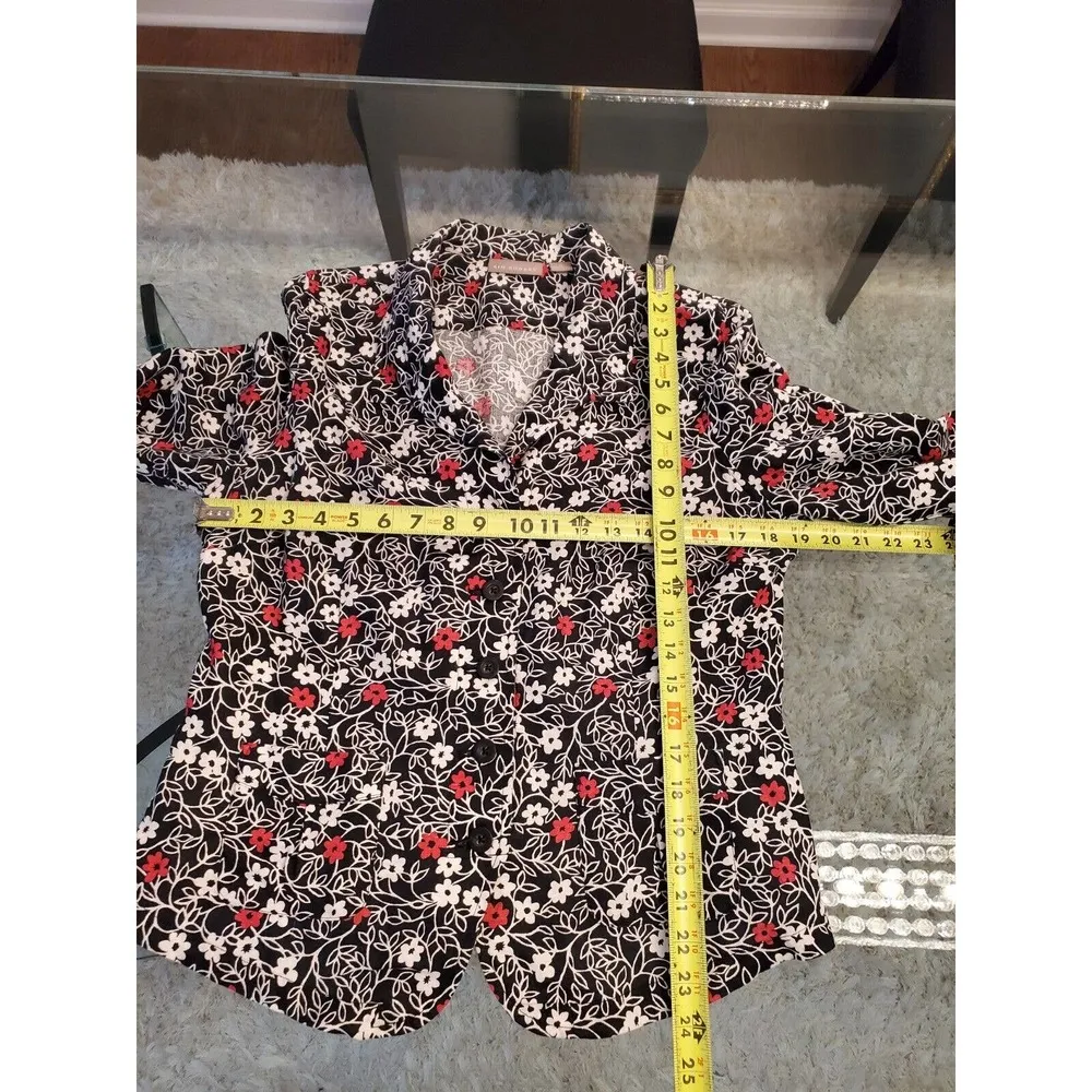 Kim Rogers Women's Black Floral Linen Collared Long Sleeve Button Down Shirt 12 - Image 10