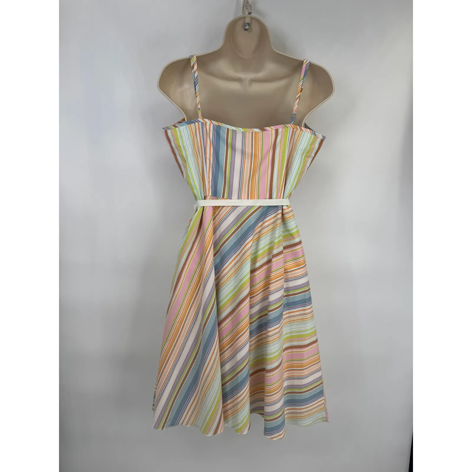 Trina Turk Striped Spaghetti Strap Sun Dress Womens 10 Cotton Tie Waist Lined - Image 11