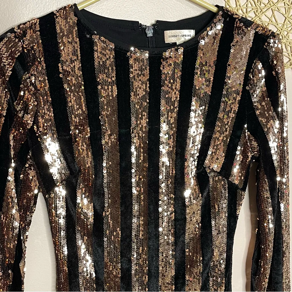 Sunset + Spring Velvet Sequin Striped Long Sleeve Dress - Image 6