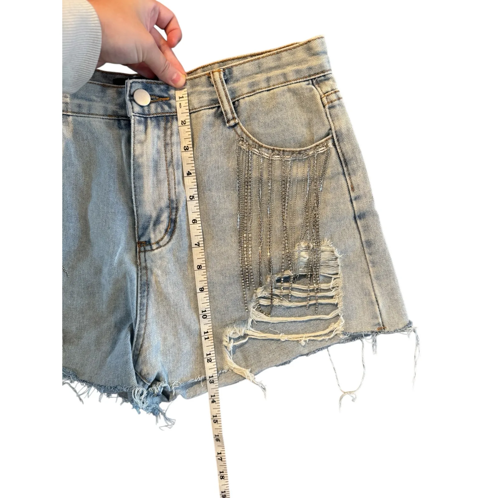 Blue B Rhinestone Fringe Distressed Denim Jean Shorts Women’s Size Large - Image 10