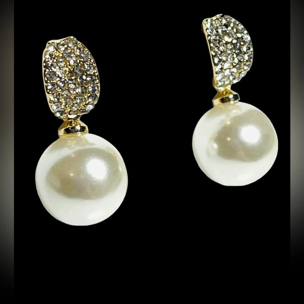 NEW Charter Club Pearl Drop EARRINGS 1" Pave Crystal & Faux Pearl Post Back Gold - Image 3