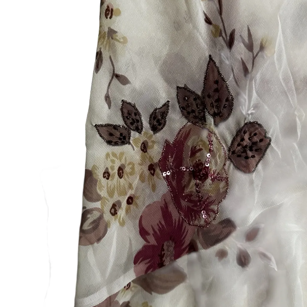 Vintage 90s Sheer Beaded Sequin Floral Midi Dress Asymmetric Fairy Size Large White - Image 6