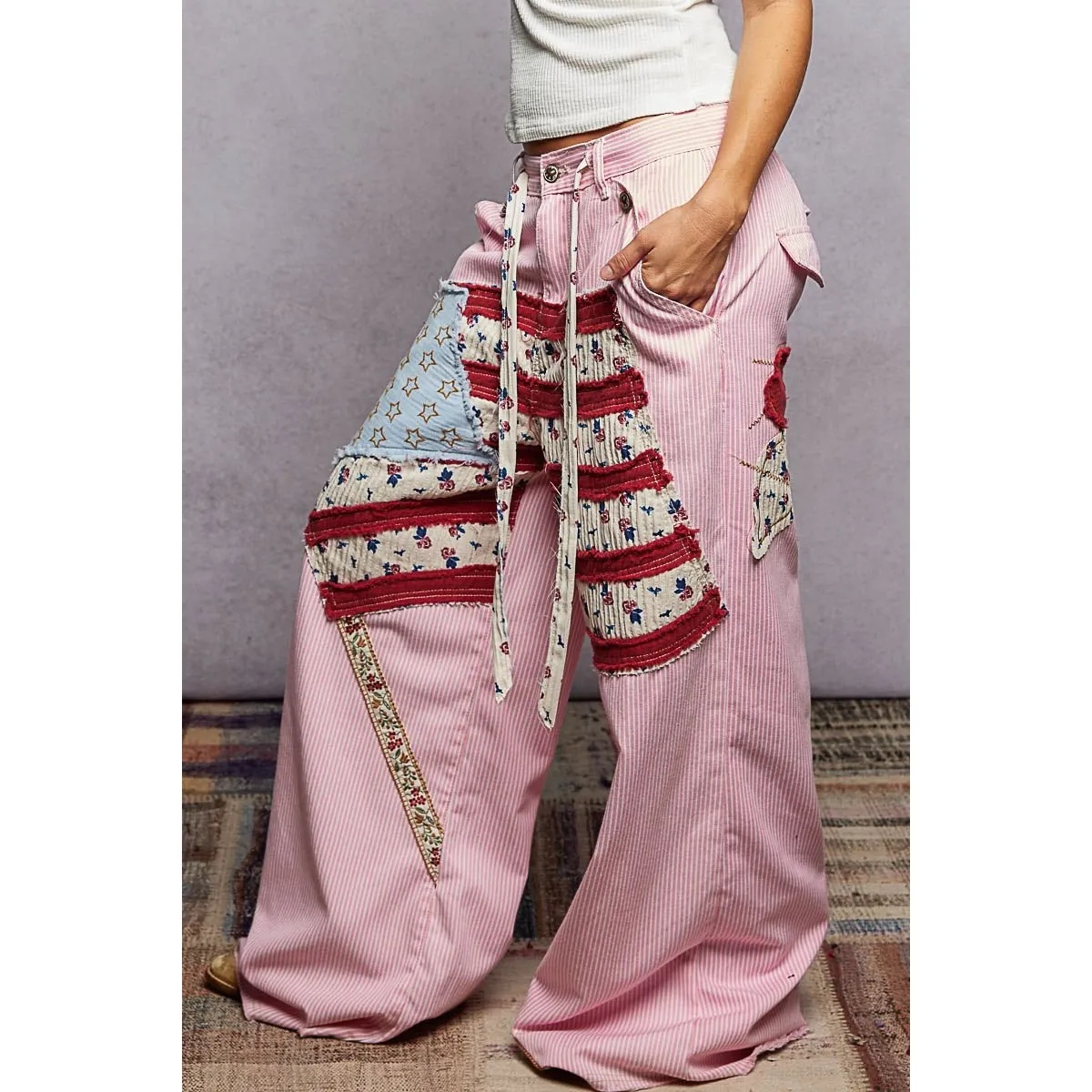 POL American Flag Patch Wide Leg Pink Stripe Jeans Denim Twill SIZE M - Image 4