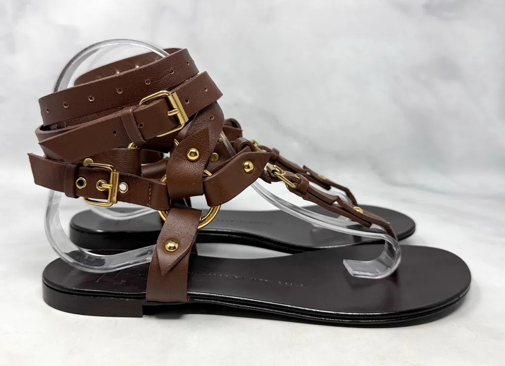 Giuseppe Zanotti Leather Harness Wrap Around Ankle Strap Flat Sandals Brown 38.5 - Image 1