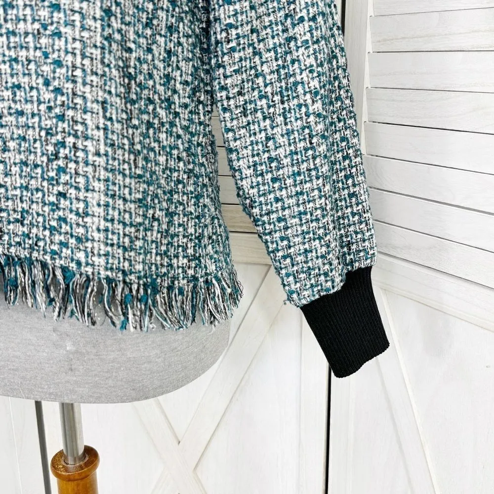 Zara Tweed Fringe Hem Mock Neck Shirt Teal White Large Crop - Image 6