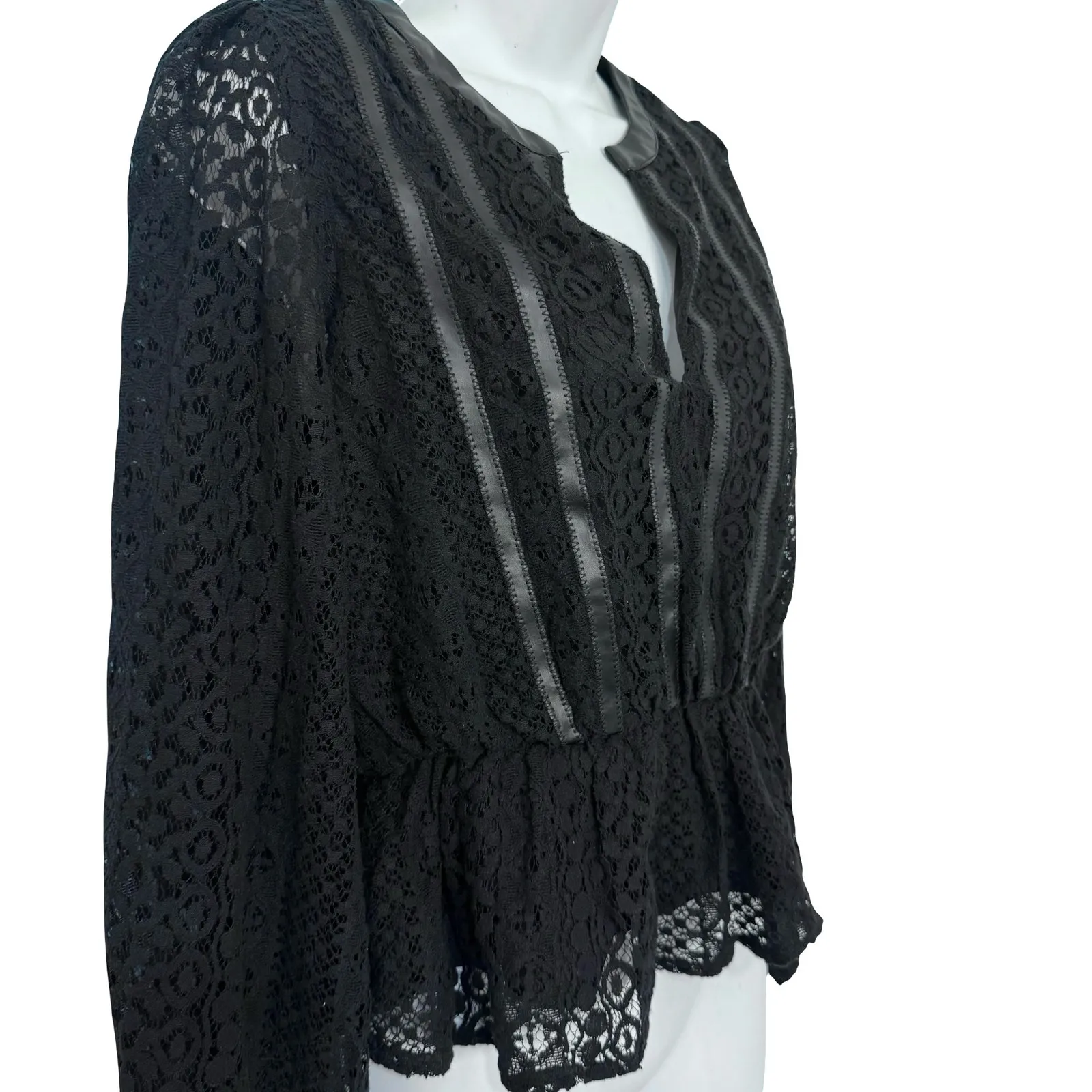 Express Black Vegan Leather Lace Long Bishop Sleeve Peplum Top Blouse size XS - Image 7