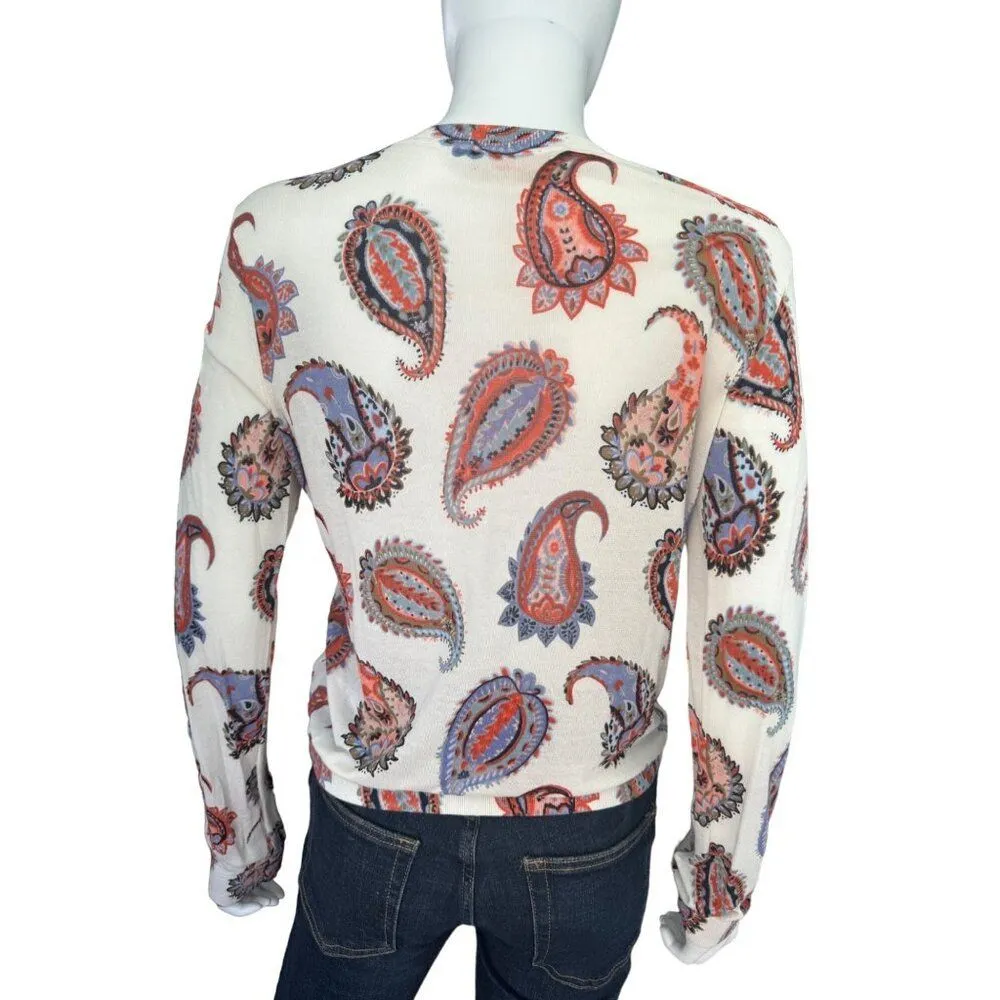 Tory Burch Women’s Paisley Long Sleeve Top Size M Cream Boho Luxury Blouse - Image 6