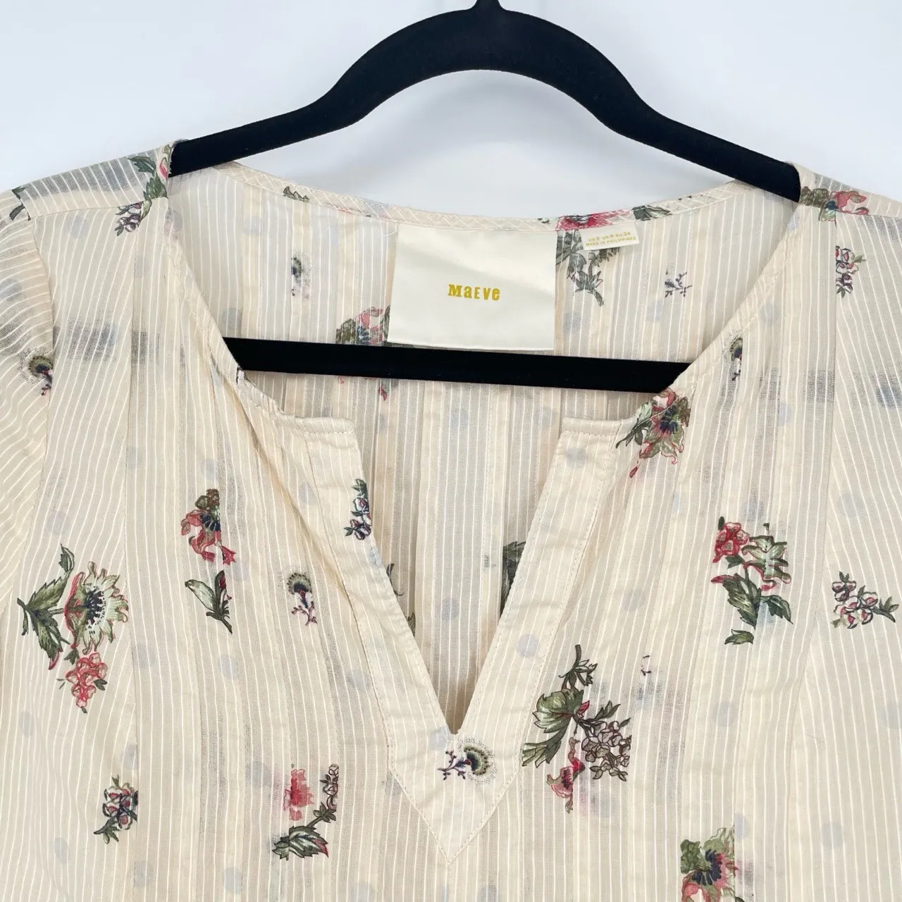 Maeve Womens Floral V-Neck Short Sleeve Pleated Fairy Core Boho‎ Cream Blouse 2 - Image 6