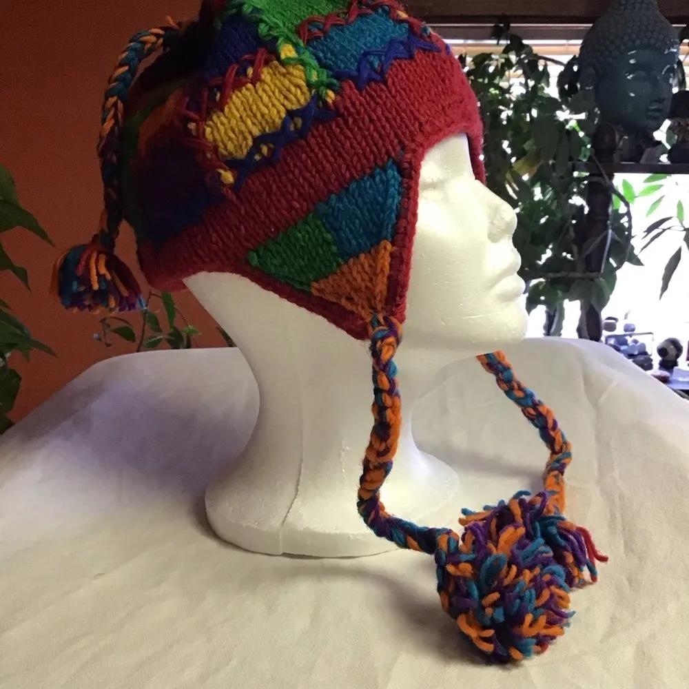 Boho hippie chic bright patchwork ear flap hat - Image 3