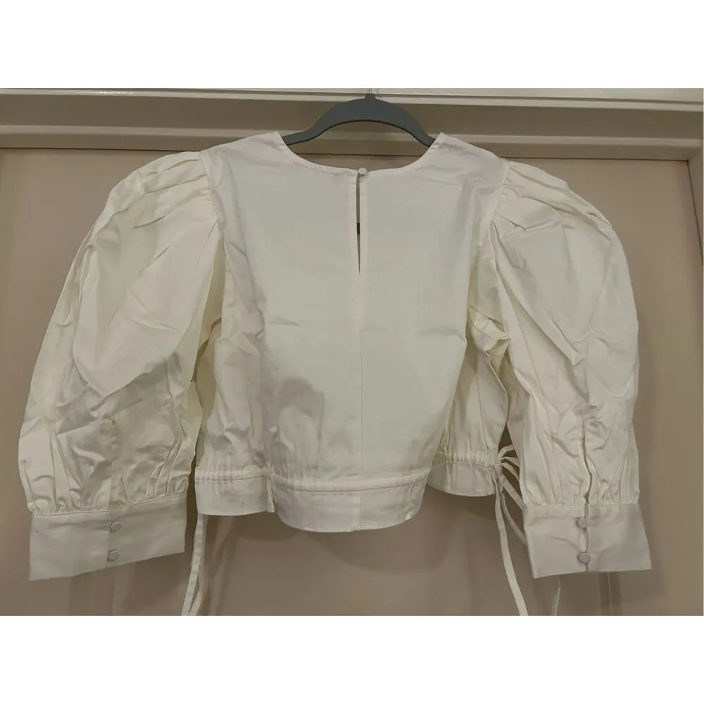 NEW DANIELLE BERNSTEIN Tie Bottom Pouf Jewel Neck Crop Top XS $49 - Image 3