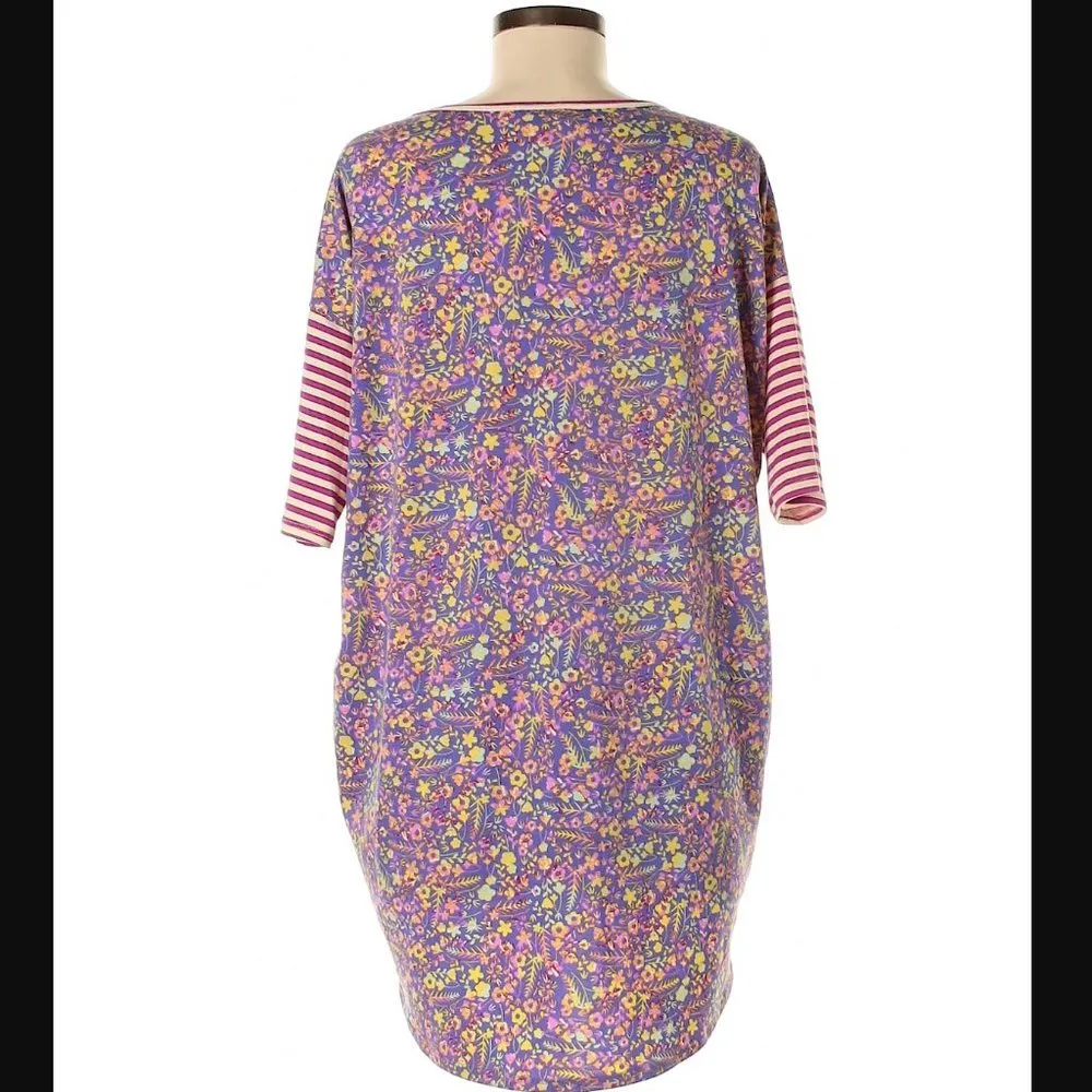 Lularoe Irma Tunic Top Purple Floral Pink Stripe Sleeve - Image 2