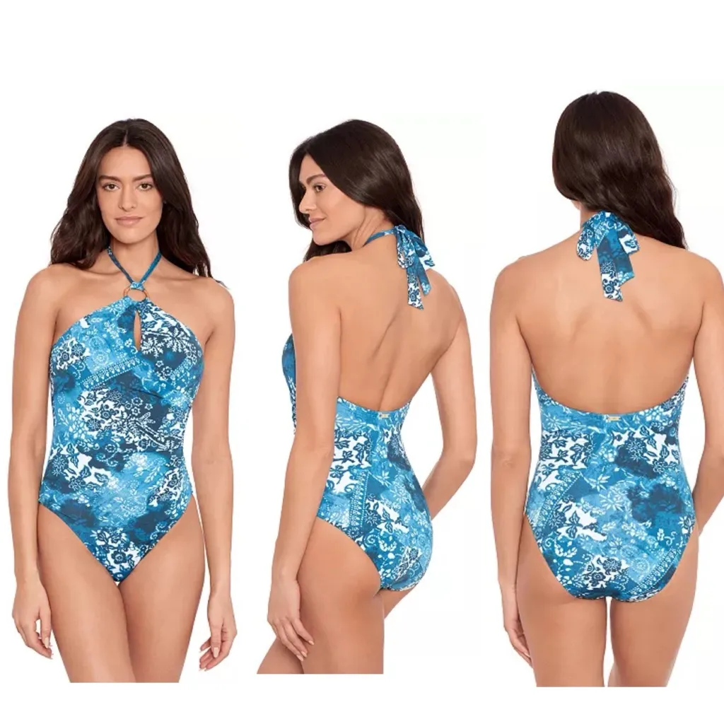 Lauren Ralph Lauren Womens Rattan Ring One Piece Swimsuit Size 8 Blue White NWOT - Image 2