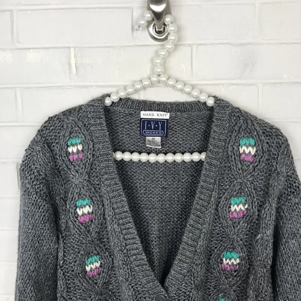 Vintage Bobble Hand Knit Cropped Cardigan Sweater Cottagecore Grannycore Size M Gray Size M - Image 2
