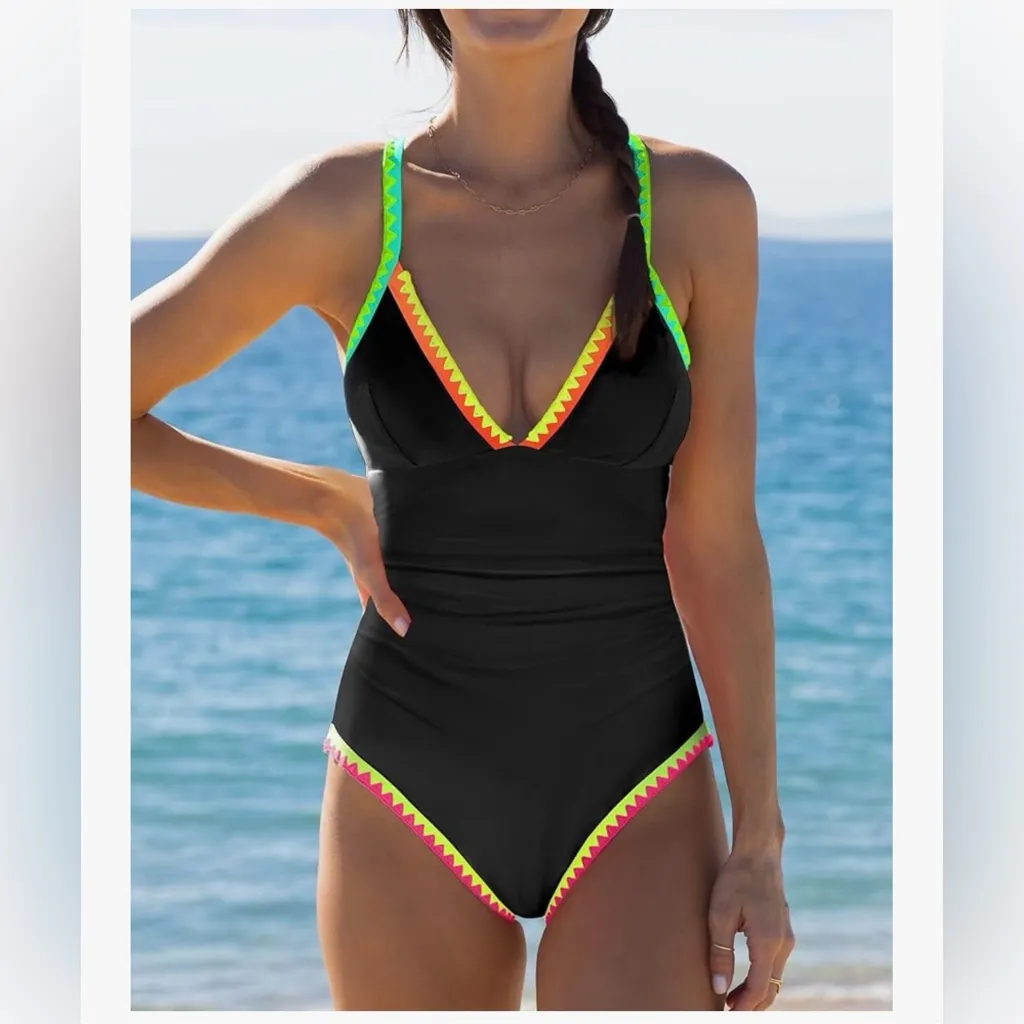 Popvil One Piece Swimsuit Tummy Control Shapewear Slimming Black Neon Tie M NWT Size M - Image 3