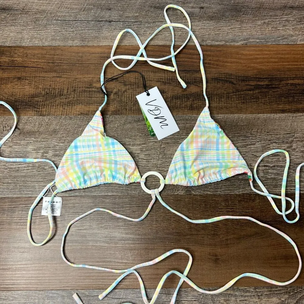 NWT Revolve VDM The Label Ziggy Reversible Bikini Top Pastel Plaid Retro Floral Pink Size XL - Image 5