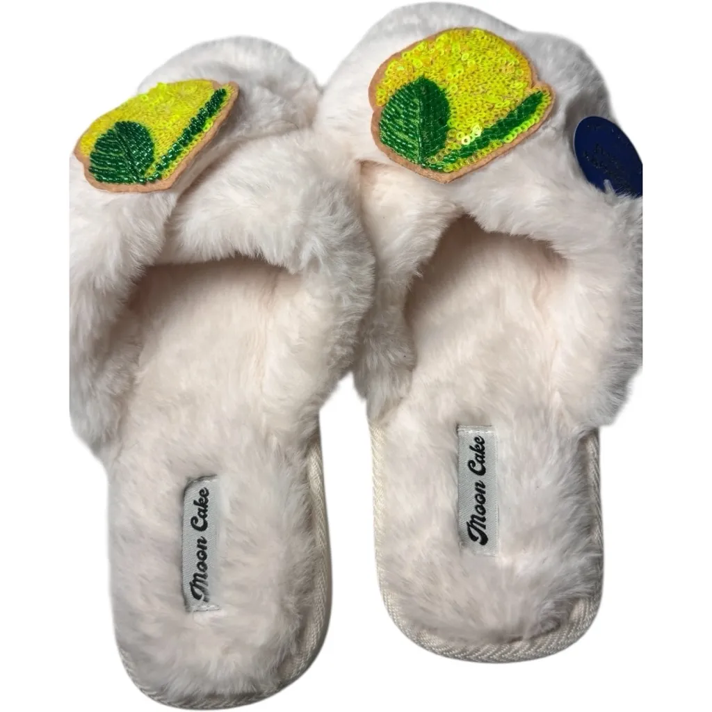 Moon Cake Women's White Fuzzy Slippers with Lemon Patch Size undefined - Image 4