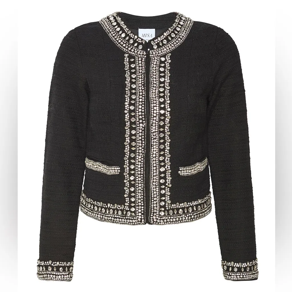 MISA Los Angeles Curtis Tweed Embellished Jacket in Black Size XS - Image 12