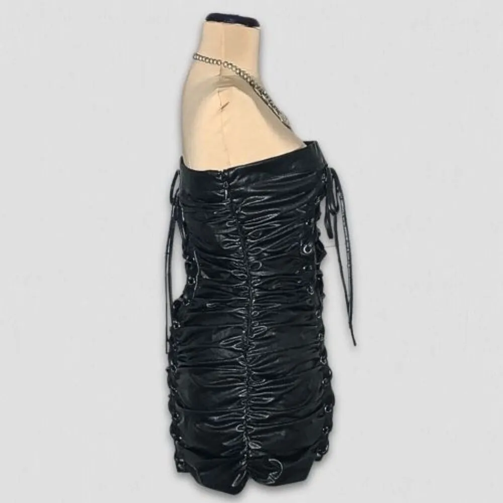 Forever 21 Black Faux Leather Lace Up Corset Mini Dress S - Image 2