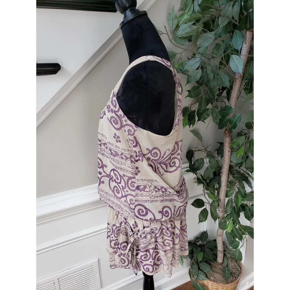 Freelance Tunic Top Womens Large White Purple Print Smocked Waist Ruffle Hem - Image 13