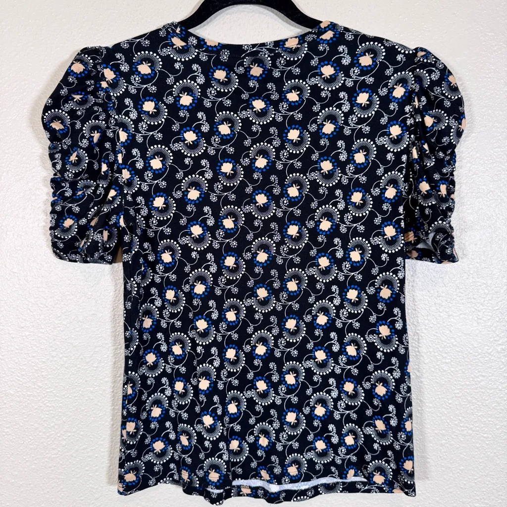 Ann Taylor Black Floral Ruched Sleeve Blouse Womens S Preppy Fall Classic Puff - Image 3