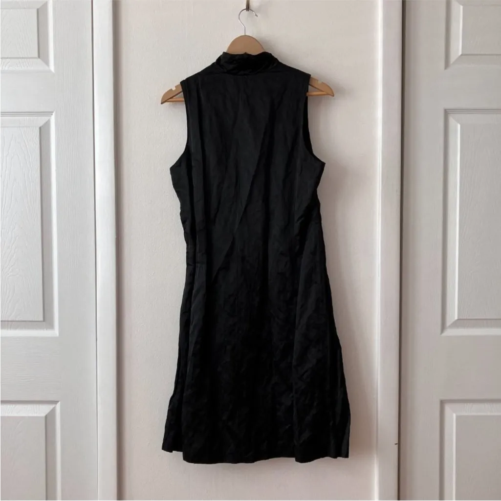 NWT Eileen Fisher Black Steel Satin V-Neck Sleeveless Front Tie Dress Size 6 - Image 3