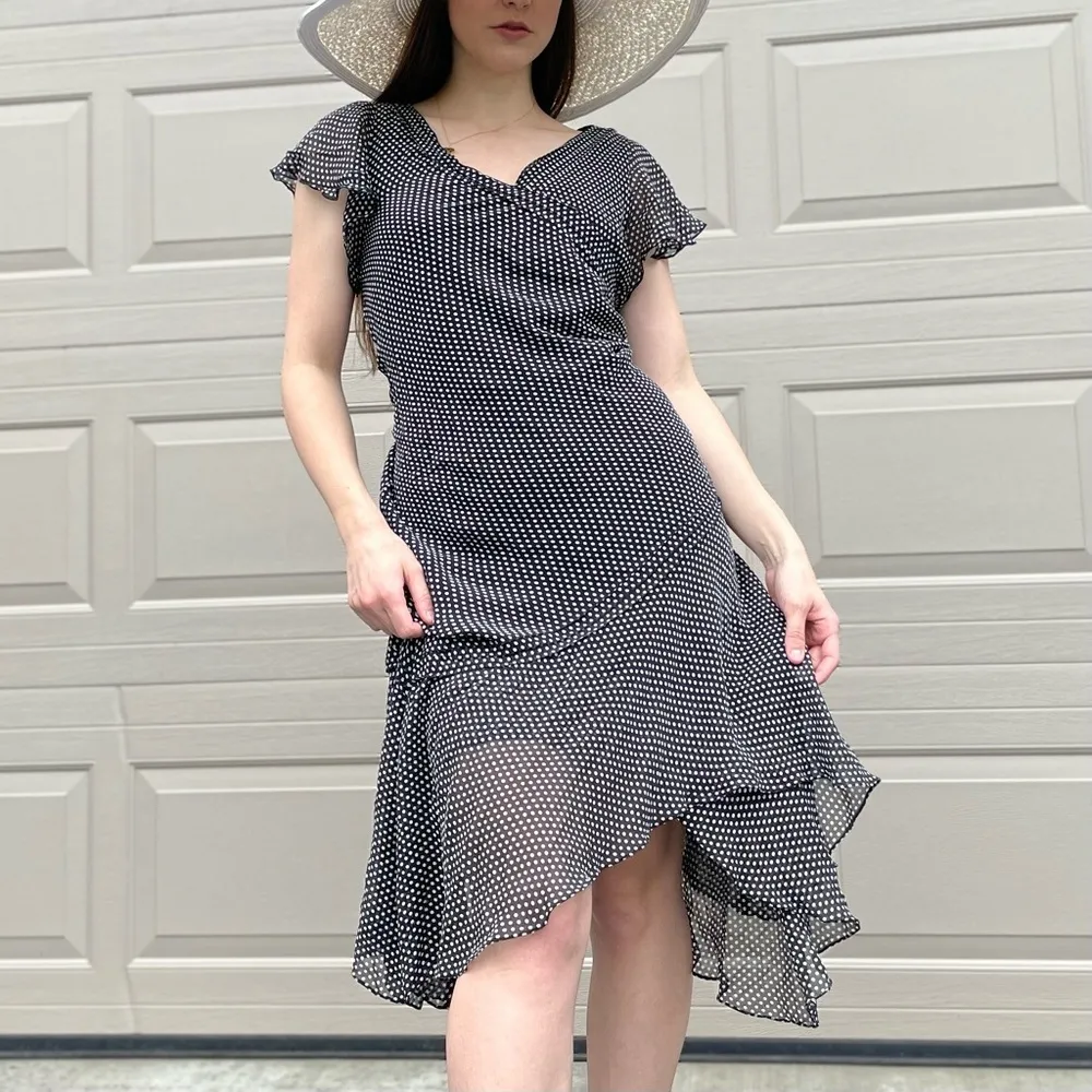 Vintage Adrianna Papell Polkadot Silk Asymmetrical Hem Slip Midi Dress Size M - Image 2