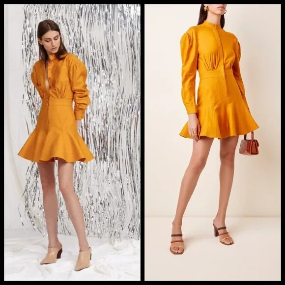 💕ACLER💕 Lewis Shirt Dress ~ 100% Colton Puff Sleeves Mini Dark Gold US 2 - Image 2