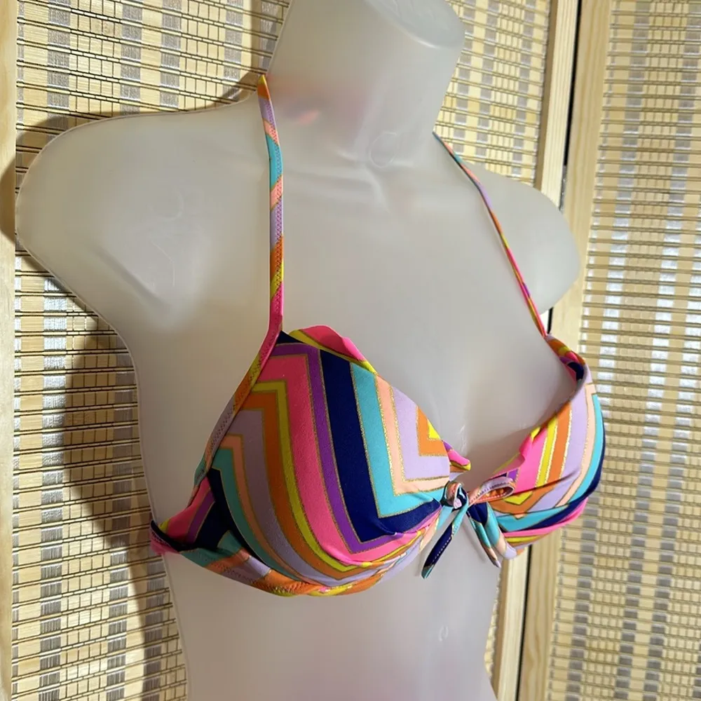 Victoria's Secret 2 Piece Bikini Bright Rainbow Chevron Stripes Halter Top M - Image 4