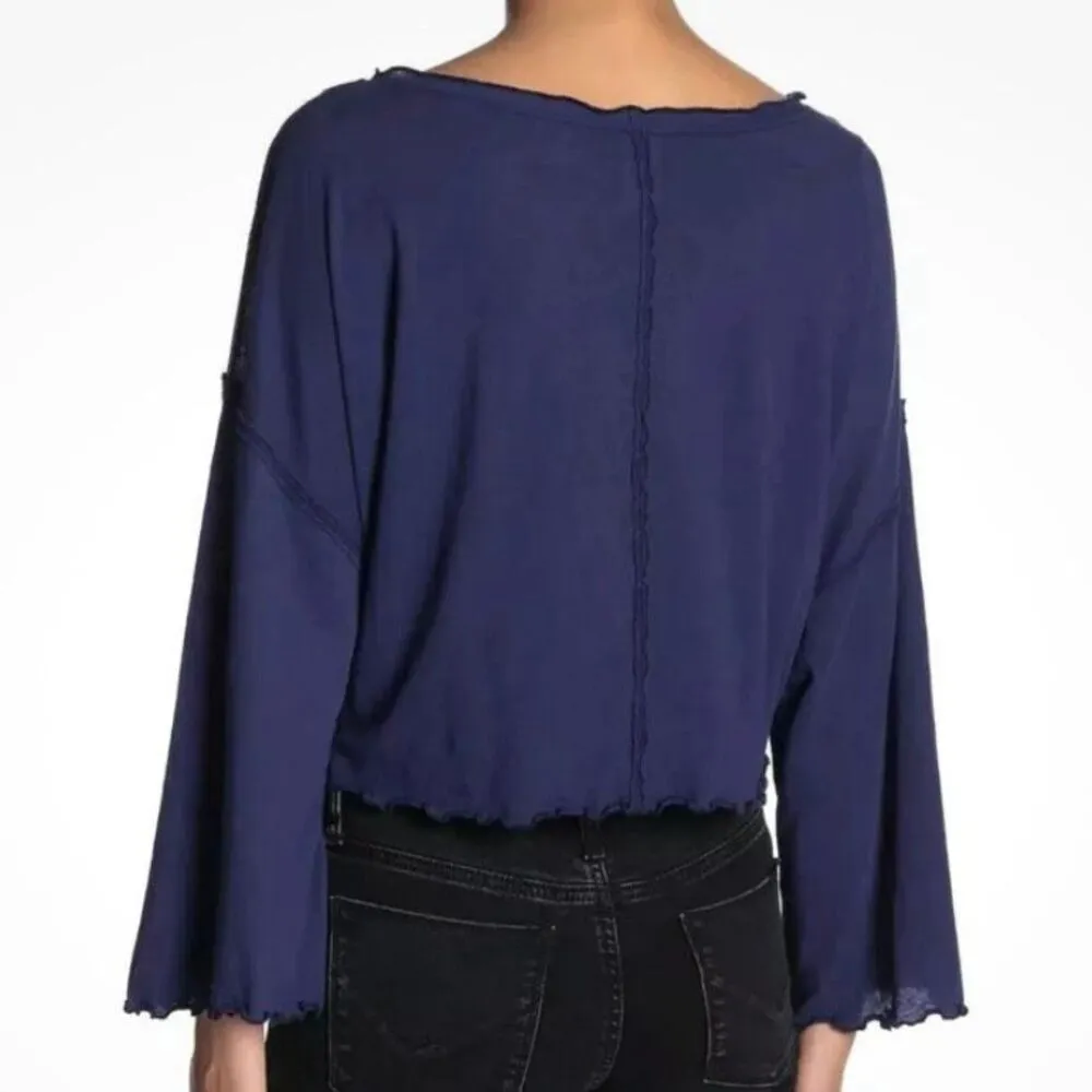 WE THE FREE PEOPLE | Navy Blue Crop Boatneck Top Bell Sleeve Oversized | Small - Image 2