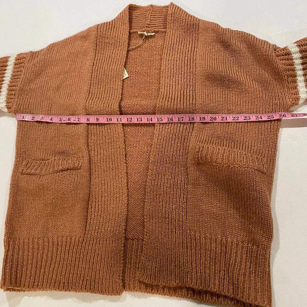 Easel Los Angeles Brown Knit Cardigan White Stripe Sleeves Open Front Size M - Image 7
