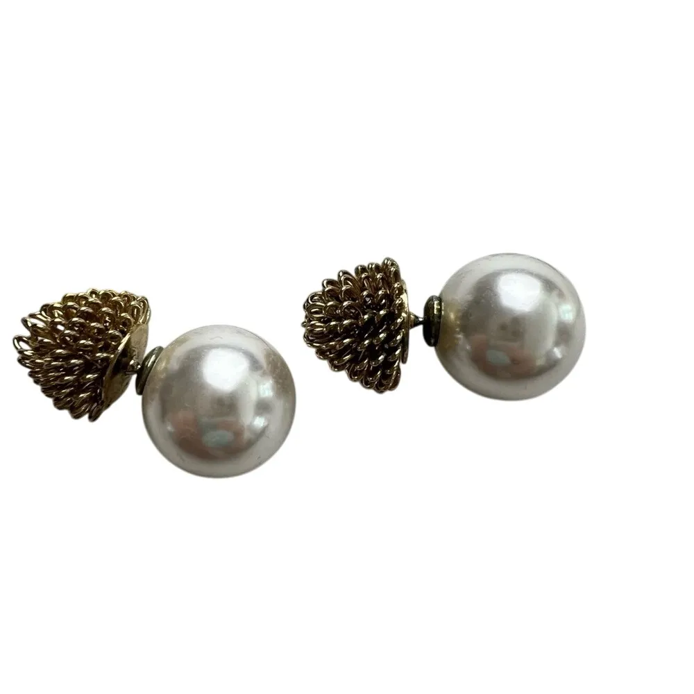 Faux Pearl Earrings Gold Tone Flower Button Ball Stud Statement Earrings - Image 3