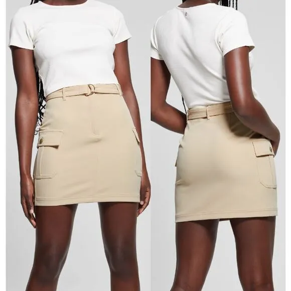 NWT Guess Fiona High Rise Belted Cargo Crepe Mini Skirt Foamy Taupe Women Size S - Image 2