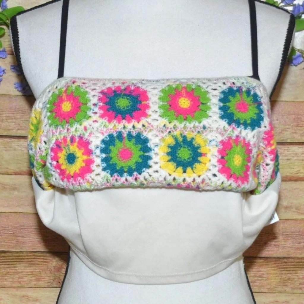 Wild Fable Women's XL Granny Squares Knit Floral Crochet Crop Tank Top Cute Boho - Image 3