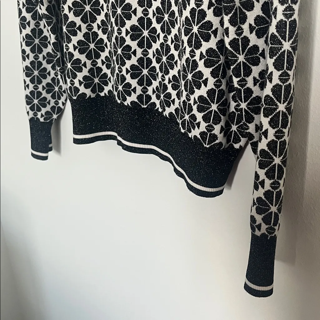Kate Spade Monogram Spade Flower Sweater (Sz L) Black & White Holiday Shimmer - Image 5
