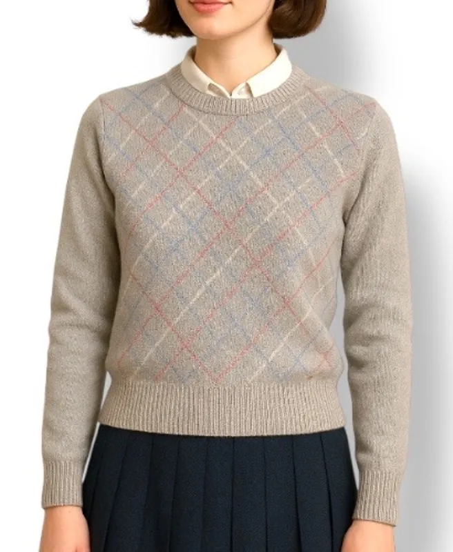 Vintage 80s Bill Blass Gray Beige Wool Argyle Sweater Preppy Academia Collegiate Size M - Image 1