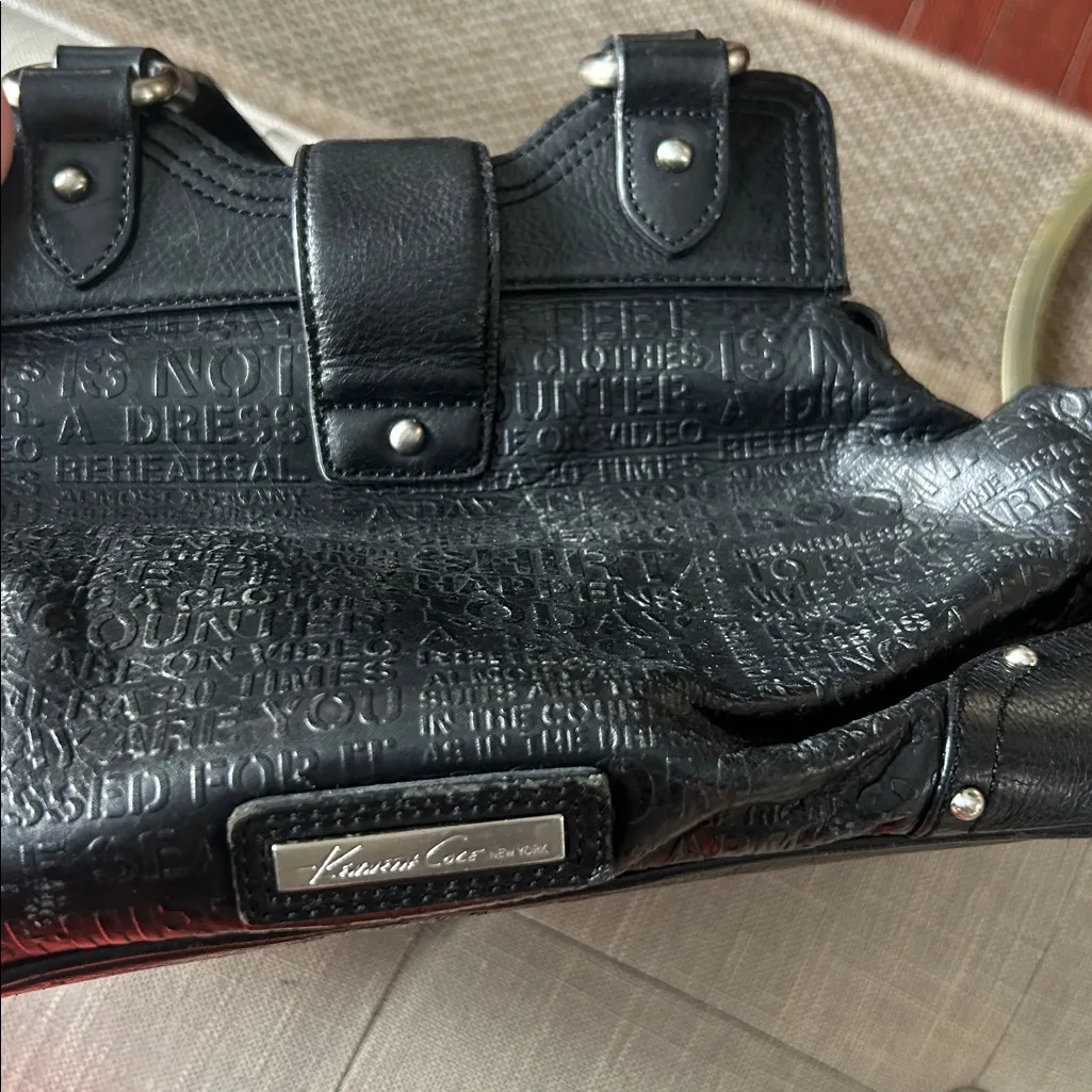 Kenneth Cole New York Black Word Embossed Silver Hook Clasp Shoulder Bag - Image 11
