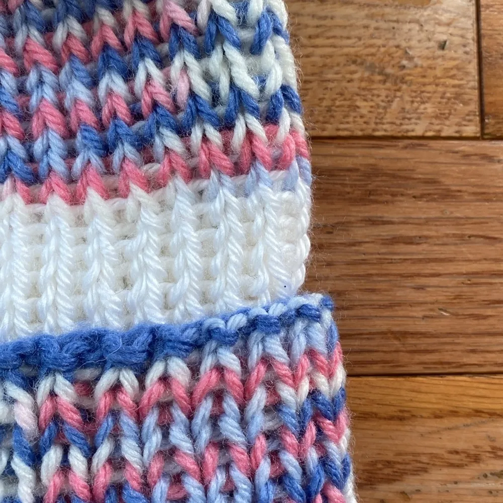 pink purple blue white striped hand knit ribbed beanie hat - Image 7