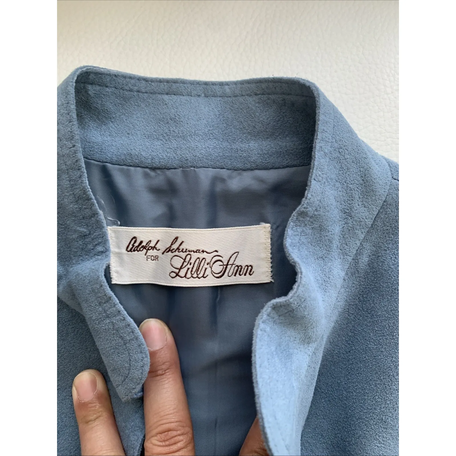 adolph schumann for lilli ann Women Jacket Whit A Blue Faux Suede Mandarín Colla Size 8 - Image 2