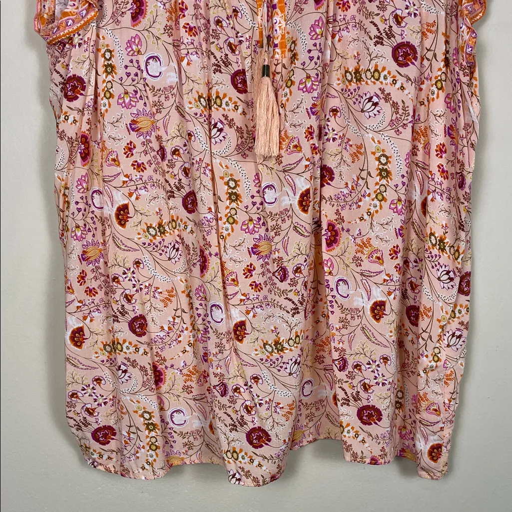 Rose & Olive Women’s Boho Floral Print Multicolor Keyhole Tassel Flutter Blouse - Image 3