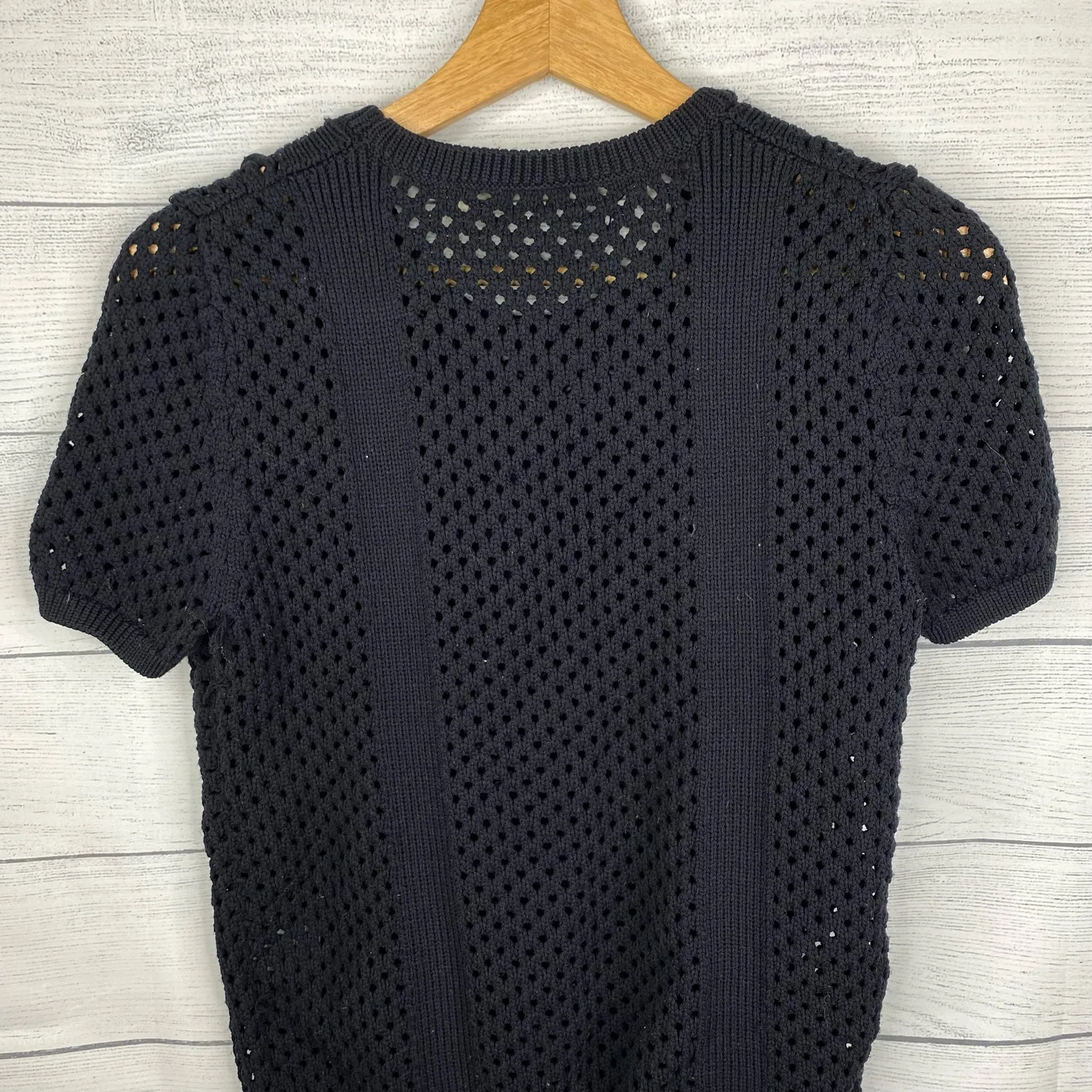 Crochet Leather Fringe Black Short Sleeve Open Knit Sweater Gothic Size Small - Image 5