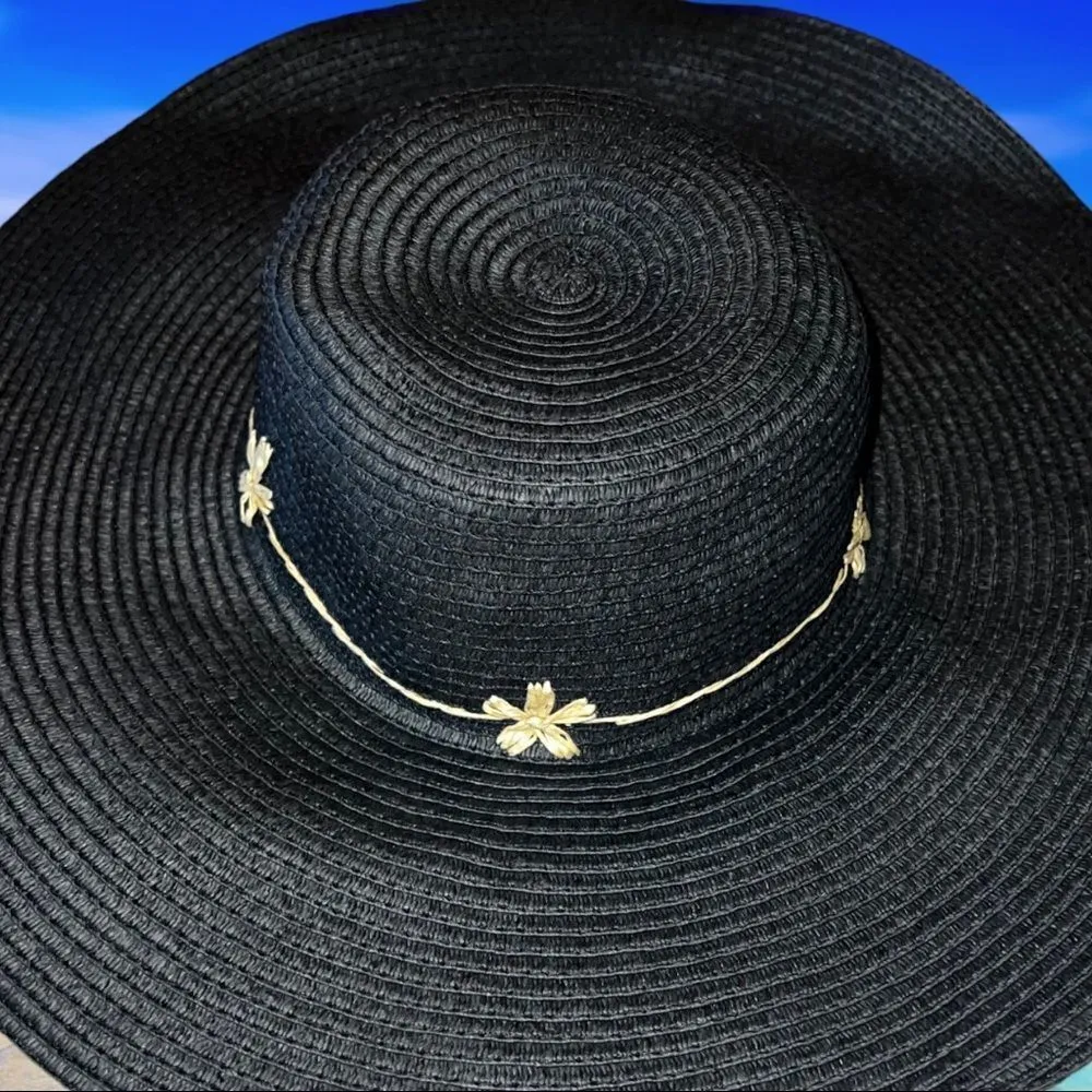 Black wide brim sun hat with tan band design Black - Image 5