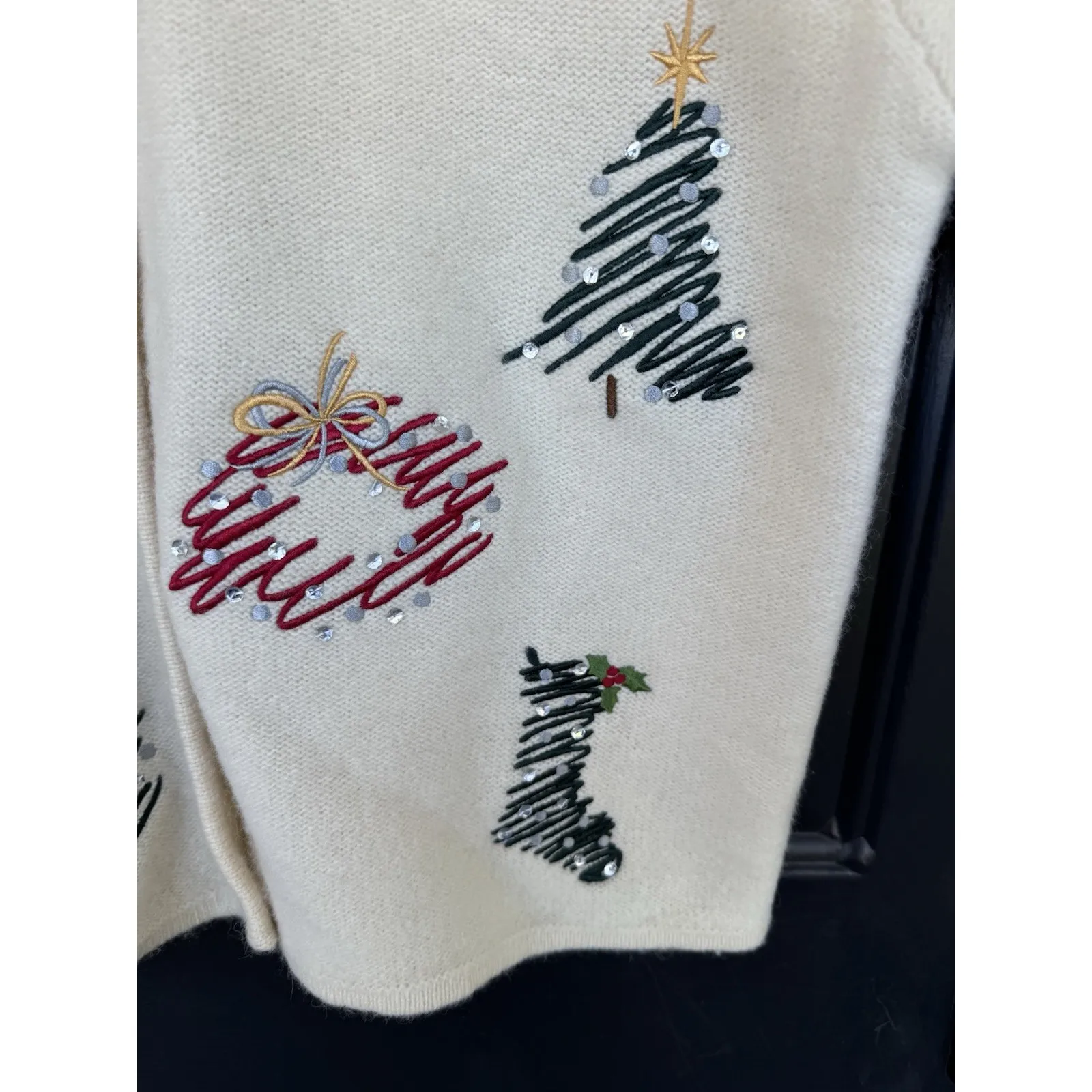 VTG Baxter Wells 100% Wool Embroidered Cardigan Sweater Christmas PL Petite L Tan Size undefined - Image 4