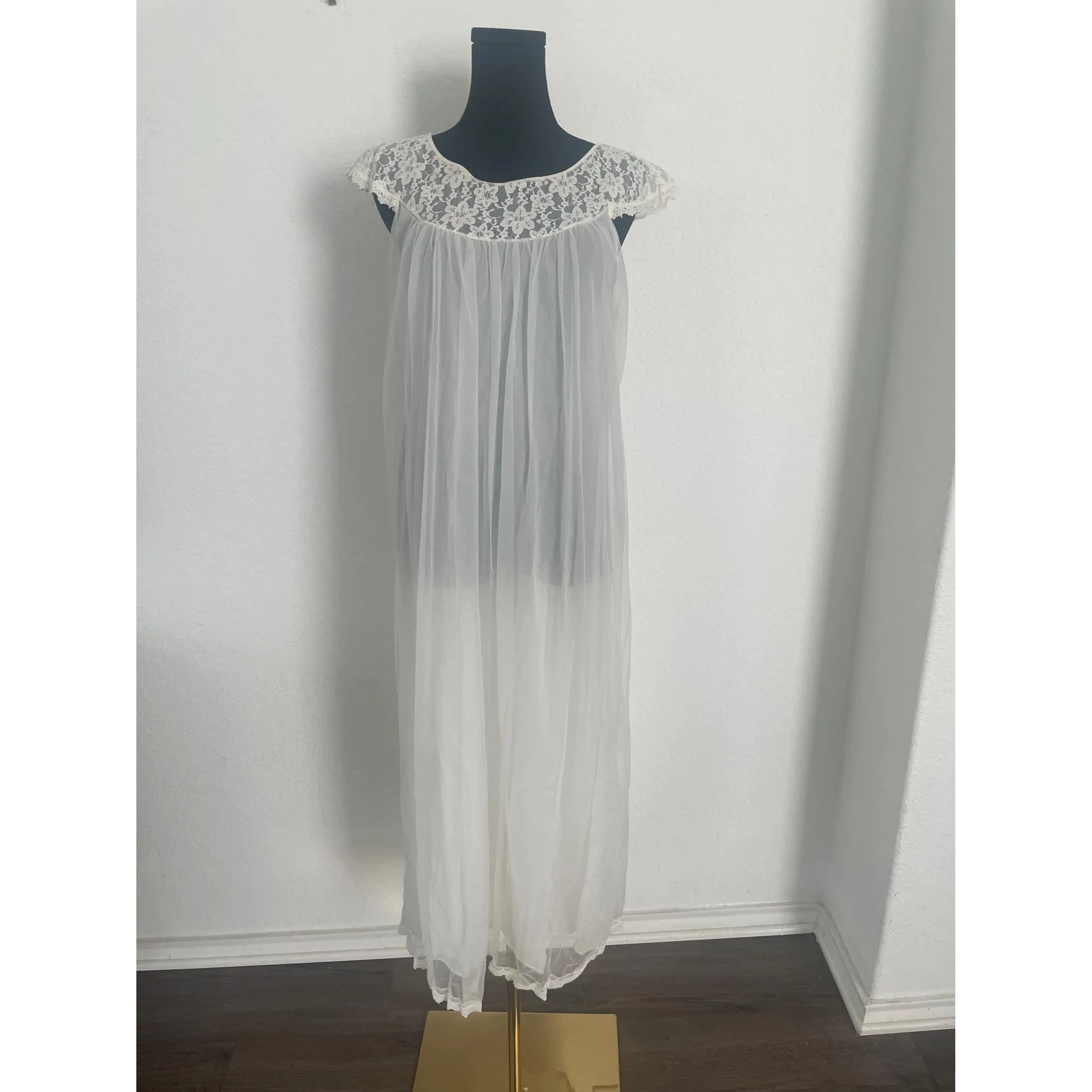 Ivory Peignoir Piece Set Chiffon Negligee Sheer Lace Made in USA Small 1970s SM - Image 9