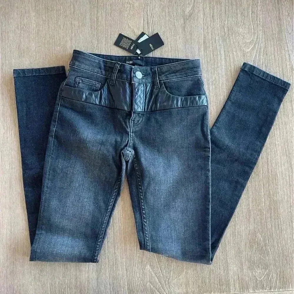 MAJE Slim Leg Faux Leather Accent Jeans NWT - Image 3